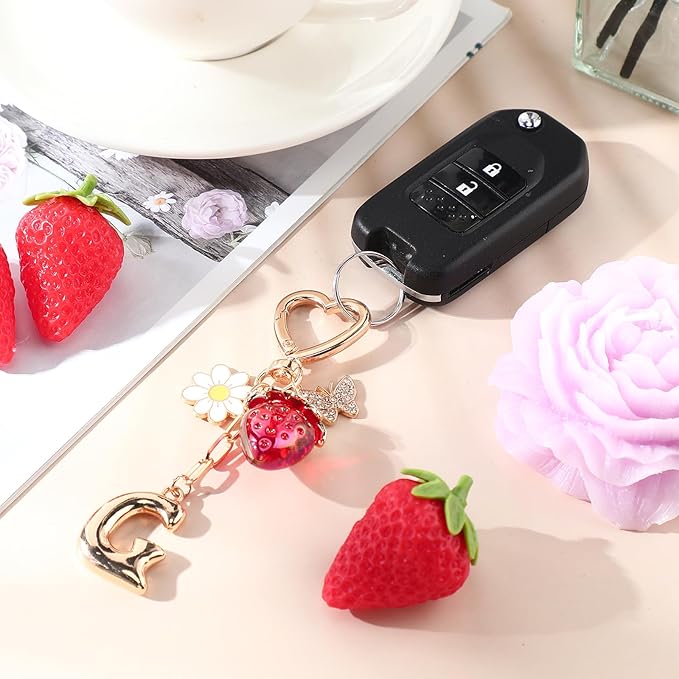 Strawberry Initial Keychain for Women-Cute Kawaii Gold Alphabet Bag Charms, Key chain Gift for Purse Handbag
