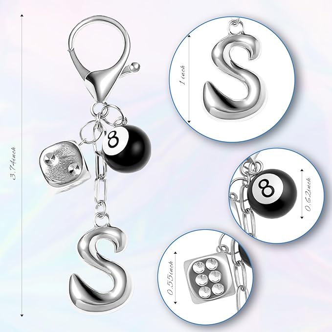 8 Ball Dice Keychain with Silver Bubble Initial - Y2K Aesthetic Cute Bag Purse Charms for Women