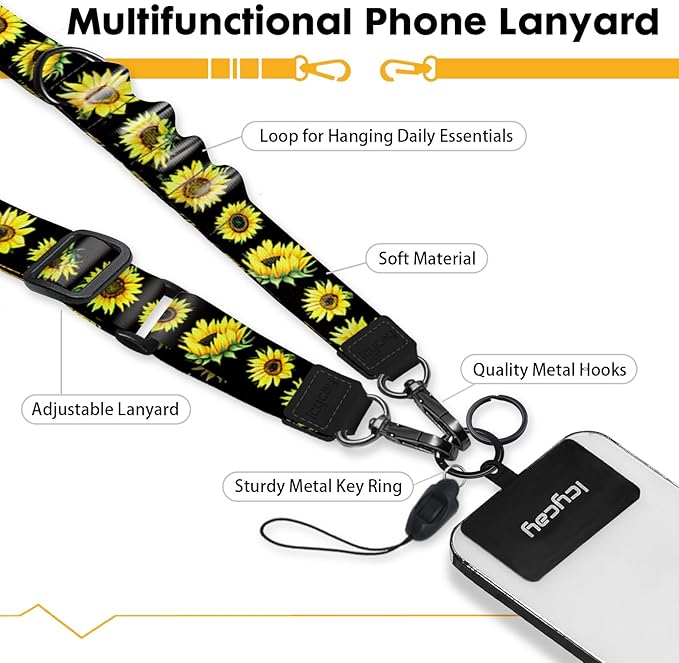 Phone Lanyard Crossbody, Flower Cell Phone Strap for Around The Neck Adjustable, Floral Teacher Anti Theft Cute Lanyard for iPhone Case ID Holder Keys Accessories Travel Essential