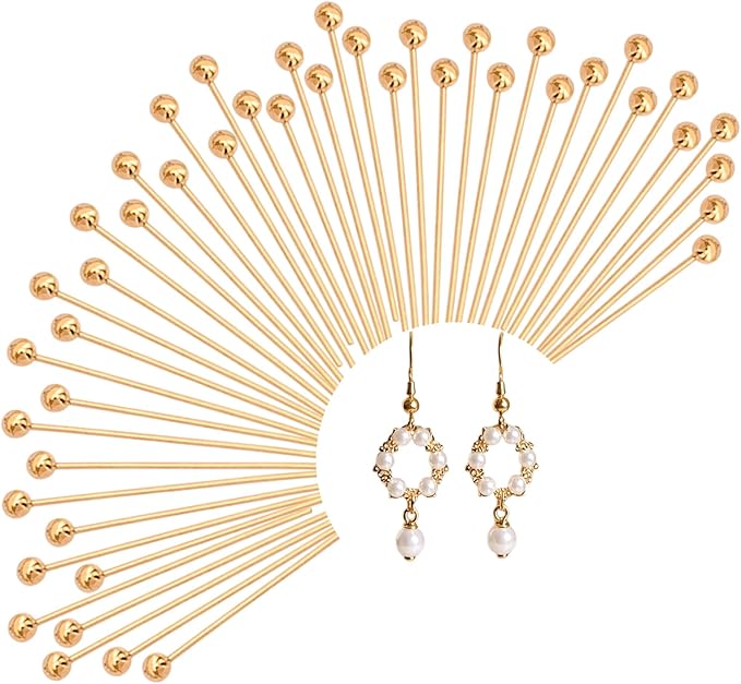 400 Pcs 14K Gold Plated Ball Head Pins 20mm Stainless Steel End Headpins Brass Wire Needle Straight Sewing Pins for Earring Pendant Bracelet Necklace Jewelry Making Findings DIY Craft Handmade