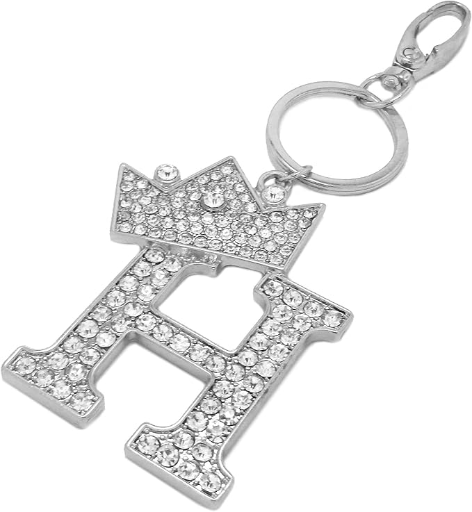 CBC Crown Crystal Rhinestone Letter Initial Keychain, Gold Metal, Bag Charm with Key Ring Approx. 2.17" x 2.56"