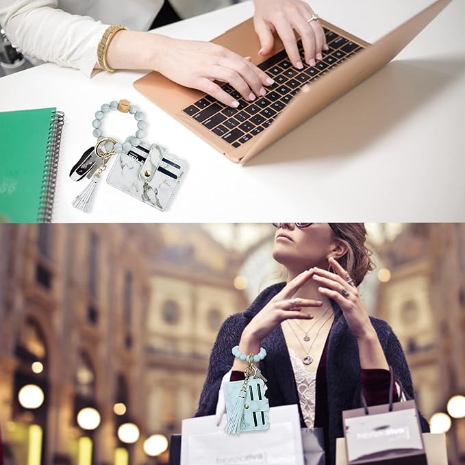 Keychain Wallet Wristlet Small Credit Card Holder Bracelet Key Chain Purse Bangle Tassel Beads Key Rings for Women