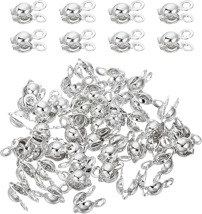 uxcell 180 Pcs 3.2mm Crimp End Caps, Clamshell Cord End Cap Connector Clasp Bead Tips Knot Covers Calotte End Crimp for DIY Jewelry Making, Silver