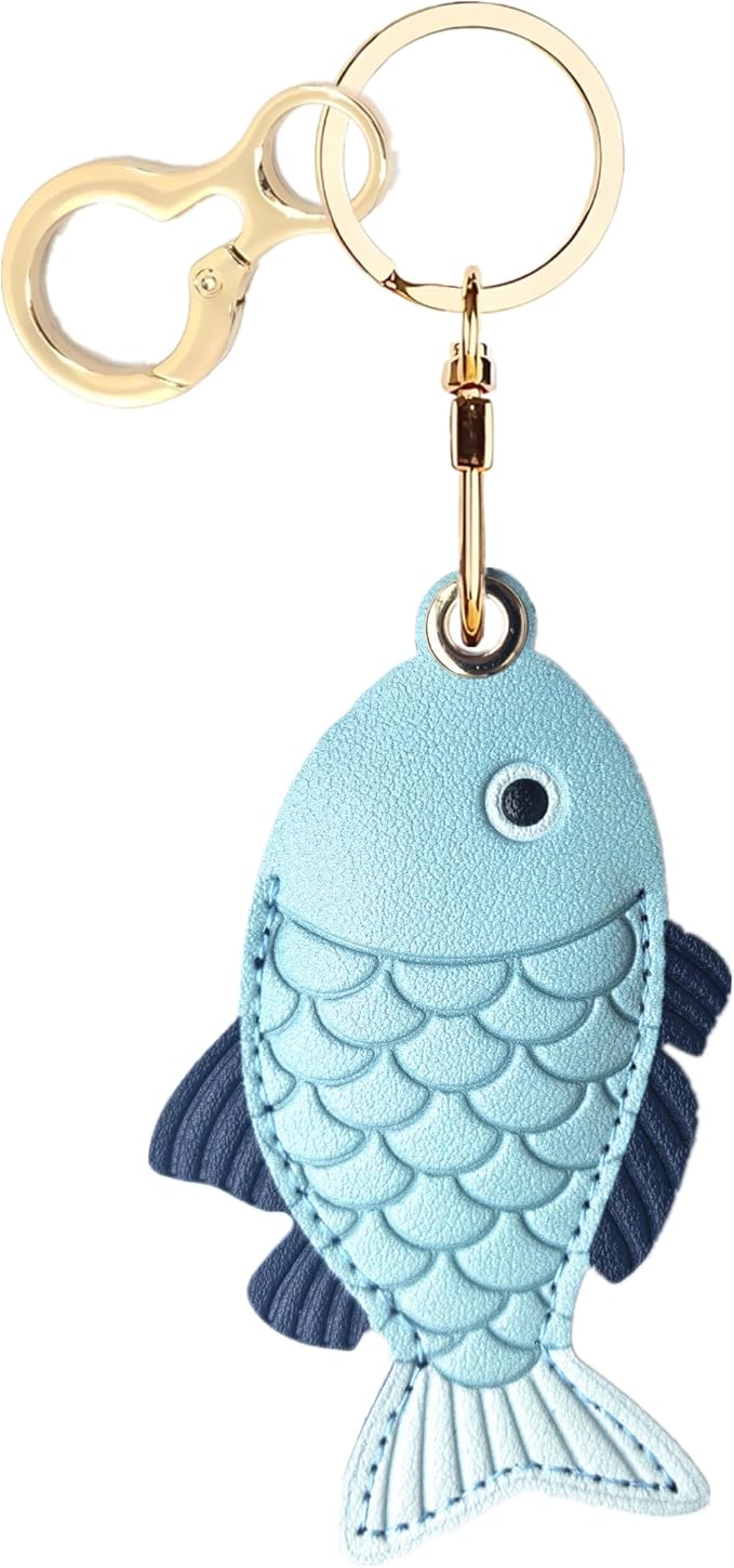 Leather Keychain Holder Case Compatible with AirTag,Cute Protective Cover with Keyring,Anti-Scratch Finder GPS Tracker Case for Wallet Keys,Bag,Pets(Fish Ching)
