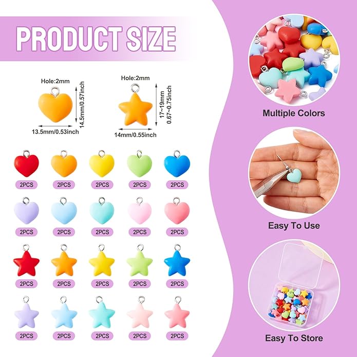Resin Love Heart Star Flower Charms Colorful Heart Floral Pentagram Pendants Cute Hang Ornament for DIY Crafts Necklace Bracelet Keychain Jewelry Making