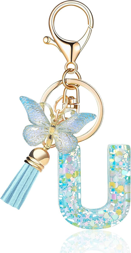 Fashion Alphabet Initial Letter Keychain Tassel Butterfly Pendant Key Ring for Purse Handbags Women Girl