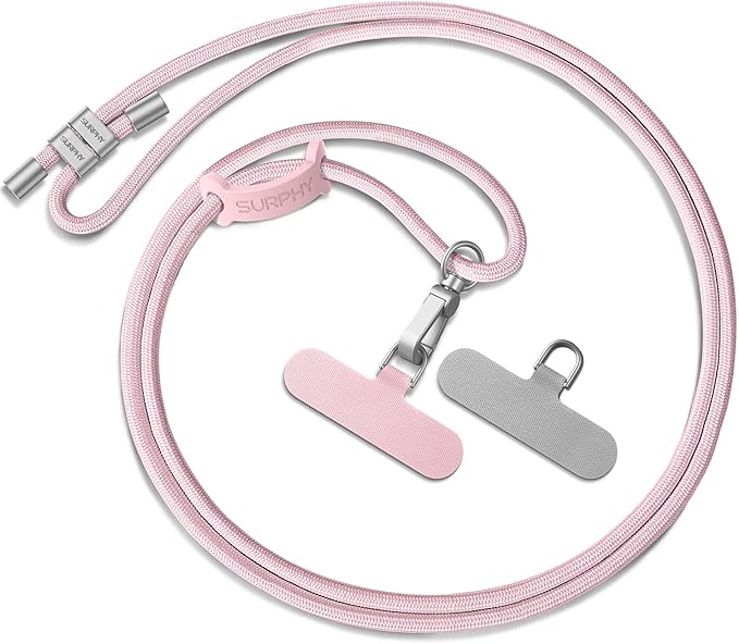 SURPHY Phone Lanyard, Adjustable Phone Strap Crossbody with 2 Pack Cell Phone Tether Tab, Premium Metal Buckles, Skin-Friendly, Universal Cell Phone Lanyard Crossbody for Women and Men, Pink
