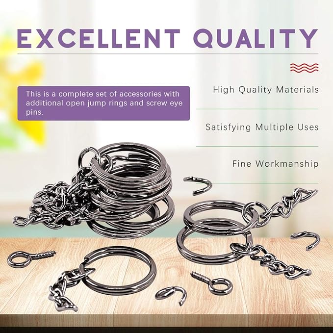 Swpeet 450Pcs 1 Inch 25mm Black Flat Key Chain Rings Kit, Including 150Pcs Split Keychain Rings with Chain and 150Pcs Jump Ring with 150Pcs Screw Eye Pins Bulk for Jewelry Findings Making