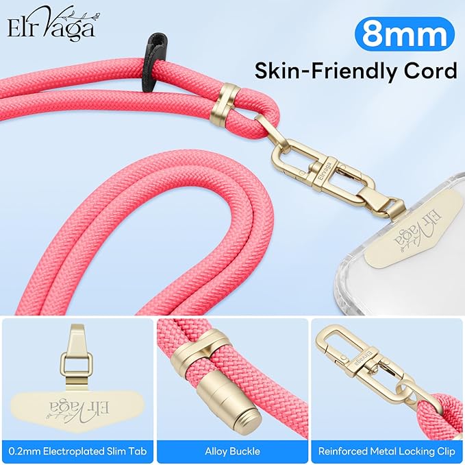 Adjustable Anti-Theft Phone Lanyard - 8mm Mountain Climbing Rope Neck & Crossbody Strap with Secure Locking Metal Clip - Rugged Outdoor Design for Smartphones (Rose Red)