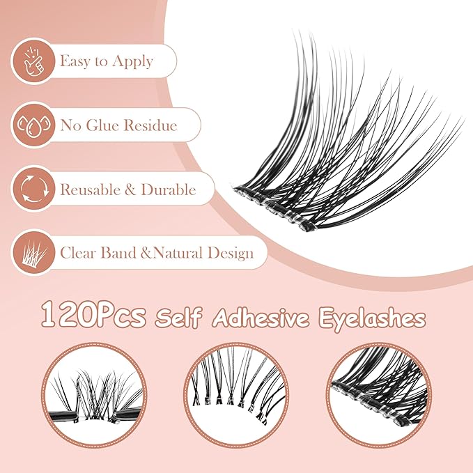 Self Adhesive Eyelashes, 120Pcs Clear Band Lash Clusters, Natural Pre-Glued Eyelash Clusters, No Glue Needed Press On Invisible Band Resuable Eyelashes(SC133)