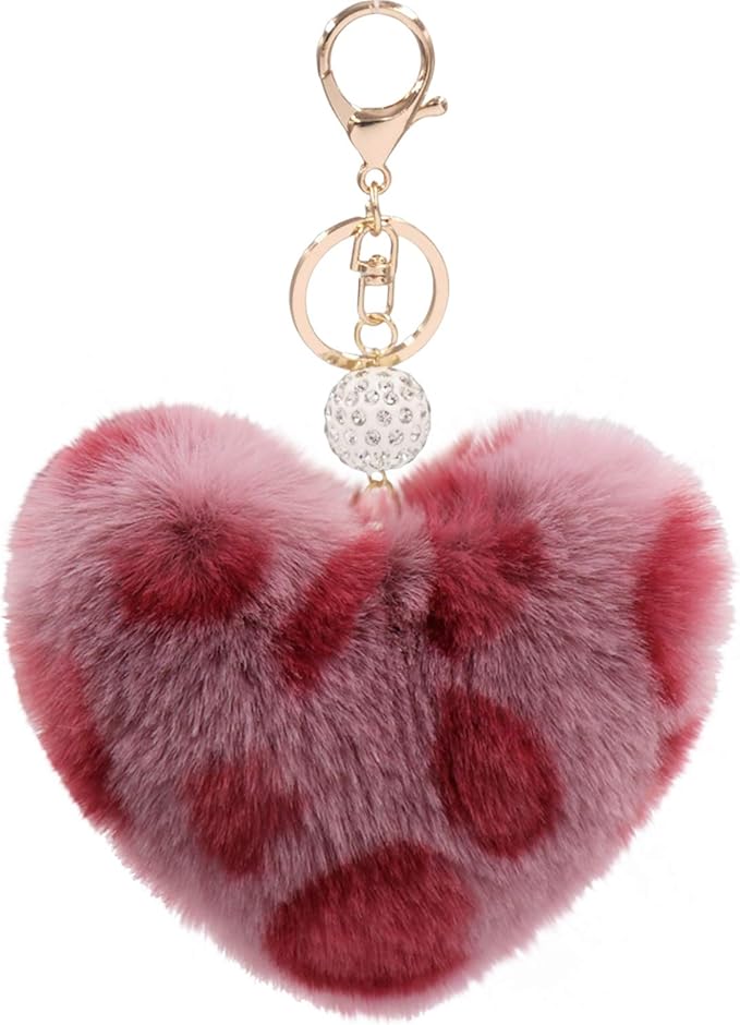 Women's Heart Faux Fur Pom Pom Key Chains Bag Accessory Puffball Keyring Backpack Charms for Girls
