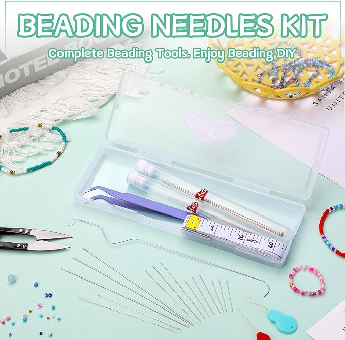 GarfxG Beading Needle Set, 50 PCS Straight Seed Beading Needles, 10 PCS Collapsible Big Eye Beading Needles w Curved Bead Spinner Needles for Jewelry Making, Bead & Sequin Embroidery Crafting DIY