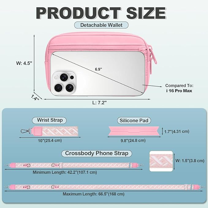 Clip and Go Strap for Phone with Wallet Crossbody, Adjustable Phone Lanyard with Detachable RFID Wristlet Wallet, Pattern Strap - Pink(L)
