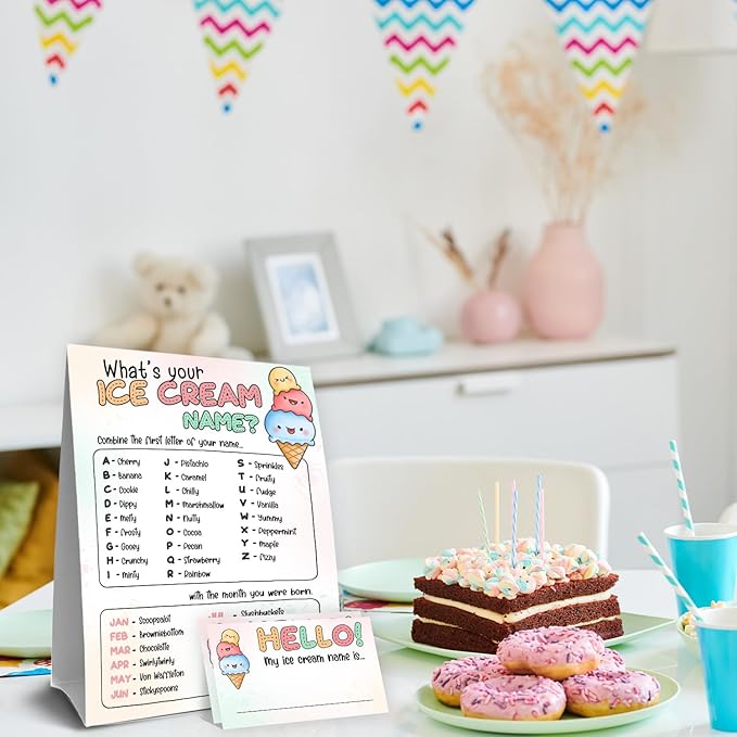 What's Your Ice Cream Name Game Set,Birthday Party Games for Kids and Adults,ICES Creams Party Decorations, Fun Summer Activity,1 Ice Cream Name Game Double Sided Sign and 30 Stickers,5x7 Inch