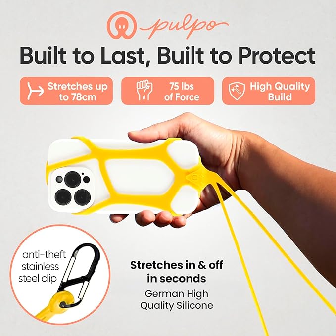 Pulpo Safety Cell Phone Lanyard Yellow Fits Smartphones 6.1" to 6.8” - Anti Theft Phone Strap for Men & Women, Lanyards for Phones, Hiking Phone Holder & Cellphone Lanyard,Silicone Crossbody Straps