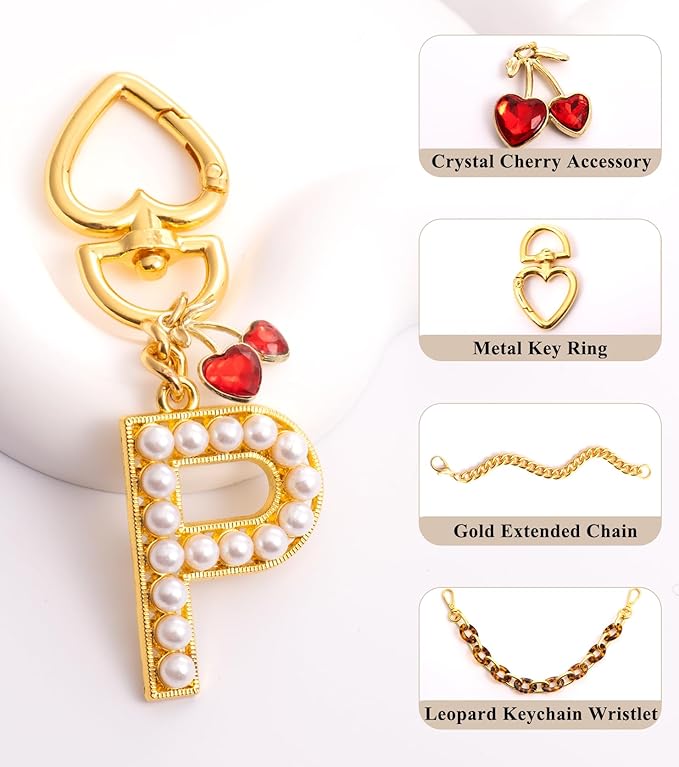 Pearl Initial Keychain with Leopard Bag Charms Wallet Chain Women Cute Alphabet Keychains Charm for Purse Handbag