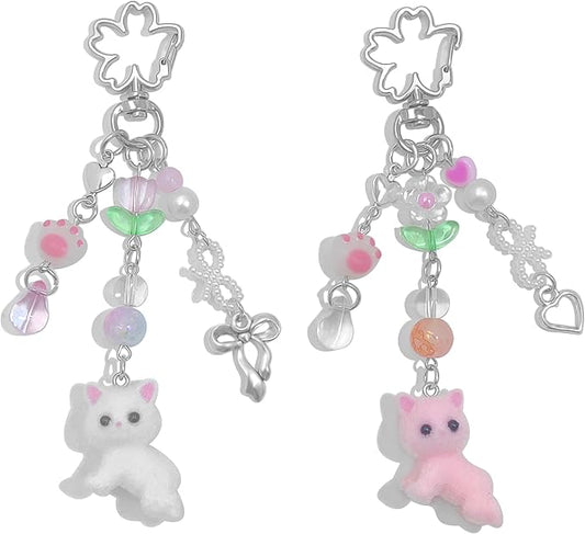 Cute Cat Keychain, Y2K Heart Bow Pendant, Kawaii Cat Bag Charm