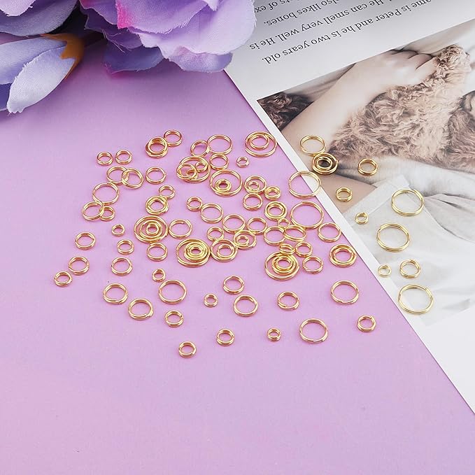 1000pcs Double Jump Ring for Jewelry Making, 6 Sizes Mini Split Ring Double Loops Split Jump Rings Metal Rings Connectors for Necklace Bracelet Car Keys DIY Craft Making(Gold)