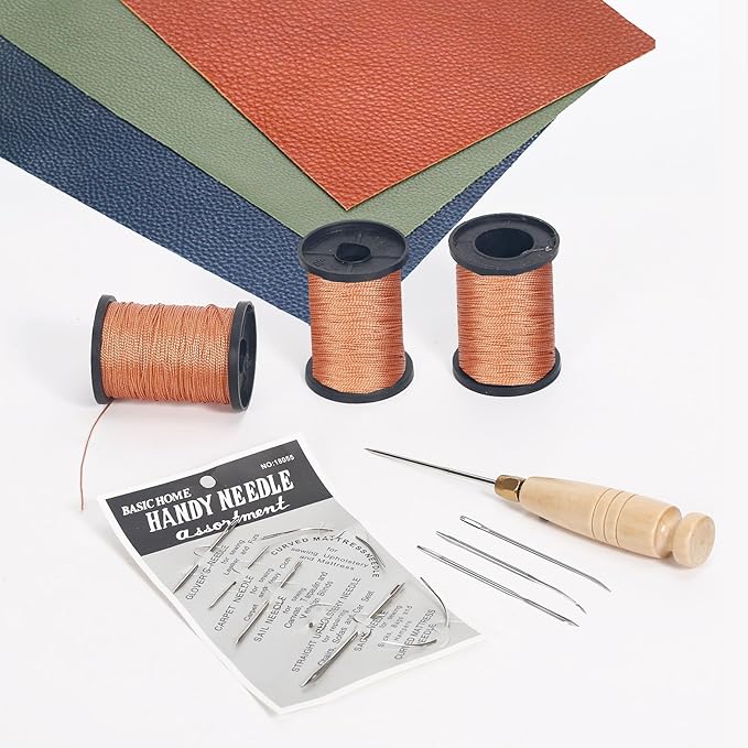 3-Spool Nylon Thread Kit - Each 80 Yards, Includes Sewing Awls & Needles for Hand Sewing, Upholstery & Leather Repair, Brown