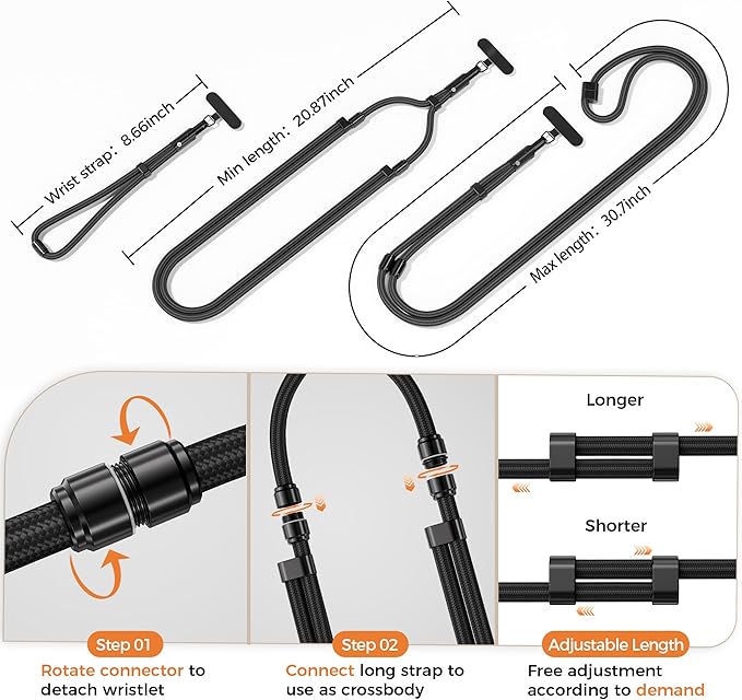 SURDOCA 3-In-1 Phone Lanyard for Crossbody, Neck & Wrist, Adjustable Anti Theft Phone Strap with Tether Tab & Loop Strap - Universal for Most Smartphones, Camera, Key - Travel Essentials