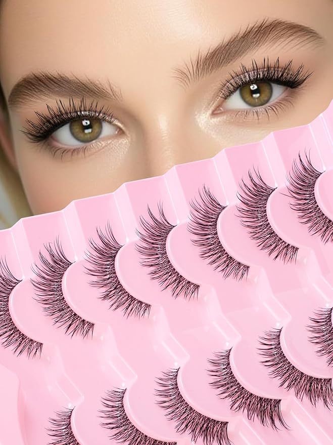 Natural Lashes 14MM Fake Eyelashes Cat Eye Lashes with 0.03MM Thin Band Soft Eyelashes Pack Siligli False Lash Strips 7 Pairs