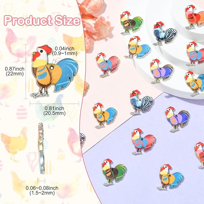 Stiesy 30 Pcs 6 Colors Enamel Cute Farm Animal Pendant Charm Colorful Printed Rooster Cock Dangle Charms Bulk for Jewelry Making DIY Necklace Bracelet Crafting