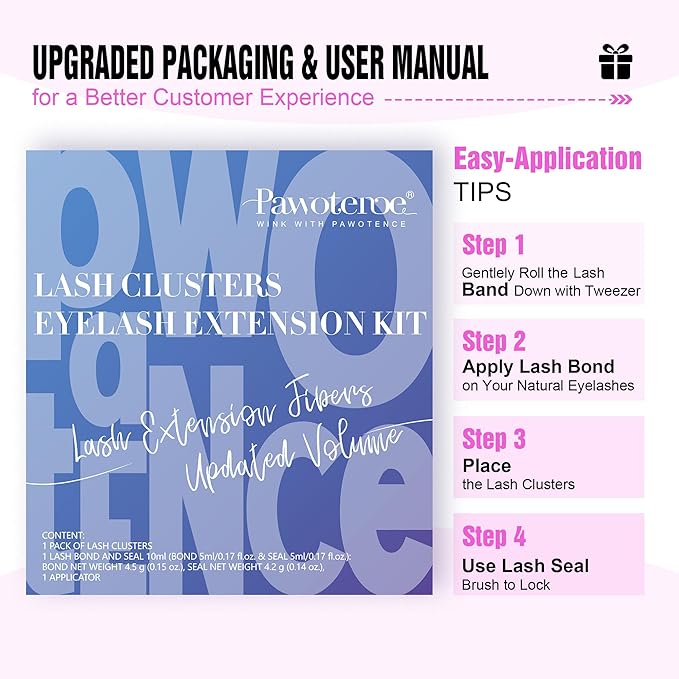 Pawotence Lash Extension Kit DIY Individual Lash Clusters Eyelash Extension Kit 9-16mm Lash Clusters Colored with Lash Bond and Seal, Lash Tweezers for Self Application (40D, 9-16mm, Color Kit)
