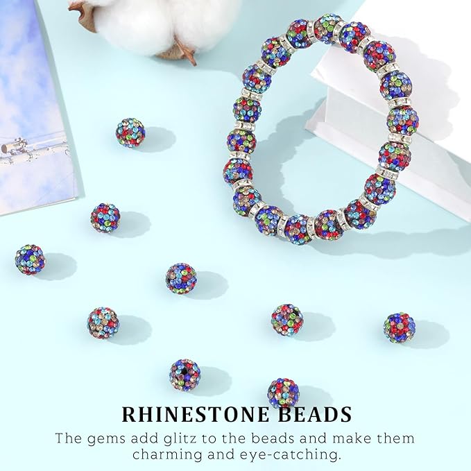 120pcs 10mm Rhinestone Beads for Jewelry Making, Black Mixed Shiny Round Shamballa Disco Ball Beads, Sparkle Crystal Clay Christmas for Bracelet Baseball Necklace Earring Crafting and DIY