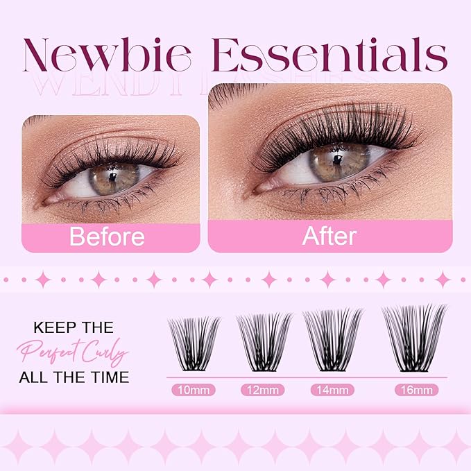 Lash Clusters 30D+40D+50D+60D+80D+100D Wispy Individual Lashes D-Curly Volume Lash Extensions 10-16mm Natural DIY Cluster Lashes for Beginners