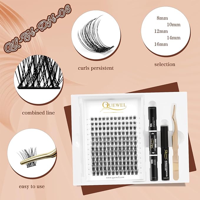 QUEWEL DIY Eyelash Extensions Kit, Lash Clusters 144 Pcs, Clusters Eyelash Applicator Tool, Super Hold Cluster Lashes Bond and Seal, Glue Remover Easy to Apply at Home(S012-Kit)