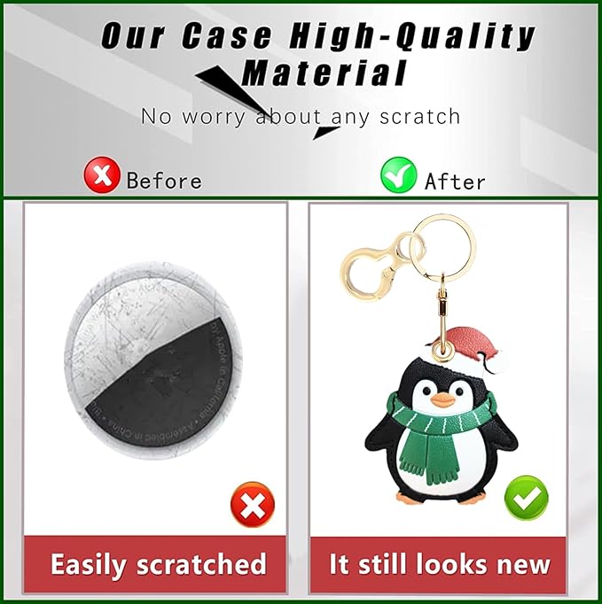 Leather Keychain Holder Case Compatible with AirTag,Cute Protective Cover with Keyring,Anti-Scratch Finder GPS Tracker Case for Wallet Keys,Bag,Pets(Penguin Green)