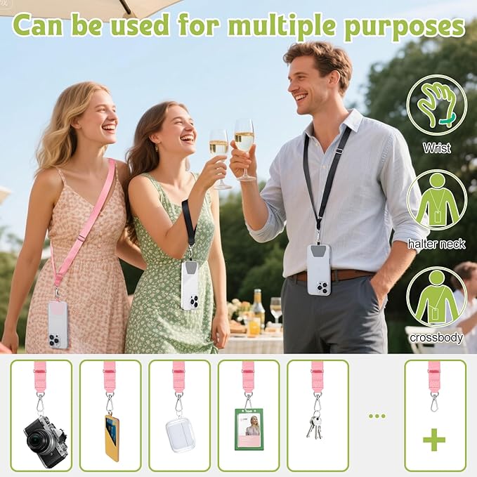 takyu Phone Lanyard, 2 Pack Adjustable Anti-Drop Neck/Wrist Strap with 2 Pcs Tether Patches, Secure Hands-Free Compatible for iPhone Samsung Perfect for Nurses, Teachers, Travel, Hiking Black+Pink