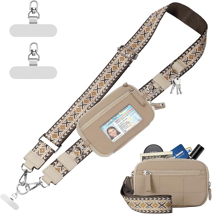 Clip and Go Strap for Phone with Wallet Crossbody Phone Lanyard with Anti-Theft Zipper Pouch Detachable Quilted Wrist Wallet with RFID and ID Window for Daily Travel. Khaki