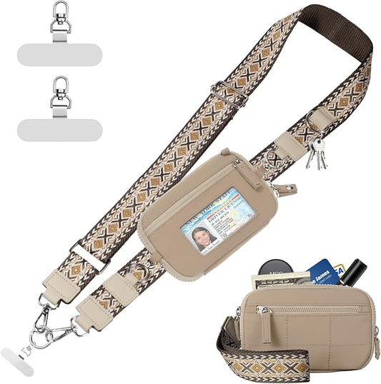 Clip and Go Strap for Phone with Wallet Crossbody Phone Lanyard with Anti-Theft Zipper Pouch Detachable Quilted Wrist Wallet with RFID and ID Window for Daily Travel. Khaki