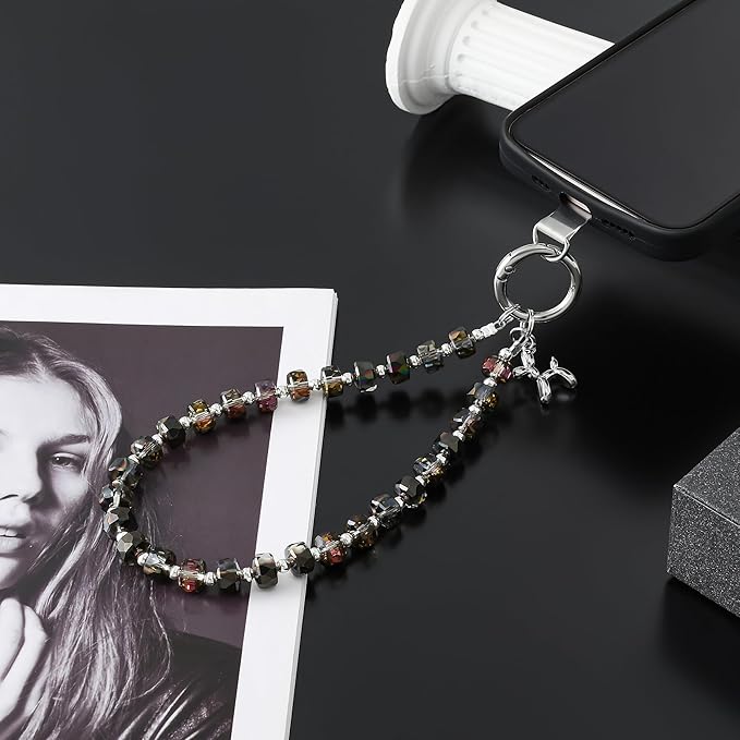 Crystal Phone Wrist Strap Phone Charm Chain Keychain Beaded Cellphone Lanyard with Tether Tab Hands-Free Wristlet Bracelet Wrist Grip Strap for Women, W-Black