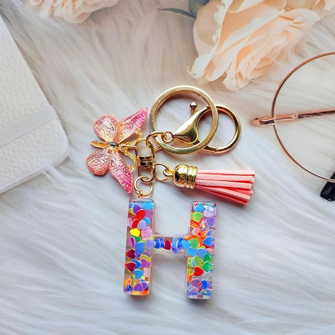 Cute Initial Letter Keychains for Women Girls Tassel Butterfly Pink Purple Green Keychain for Backpack School Bag