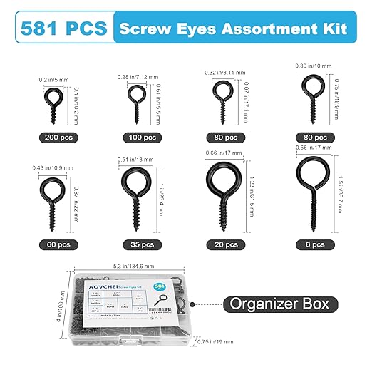 Aovchei Eye Screws Set, 581Pcs 0.39" 0.59" 0.67" 0.75" 0.87" 1" 1.22" 1.5" Metal Eye Hooks, Self Tapping Screw Bolts, Indoor & Outdoor for Hanging Artwork, Black