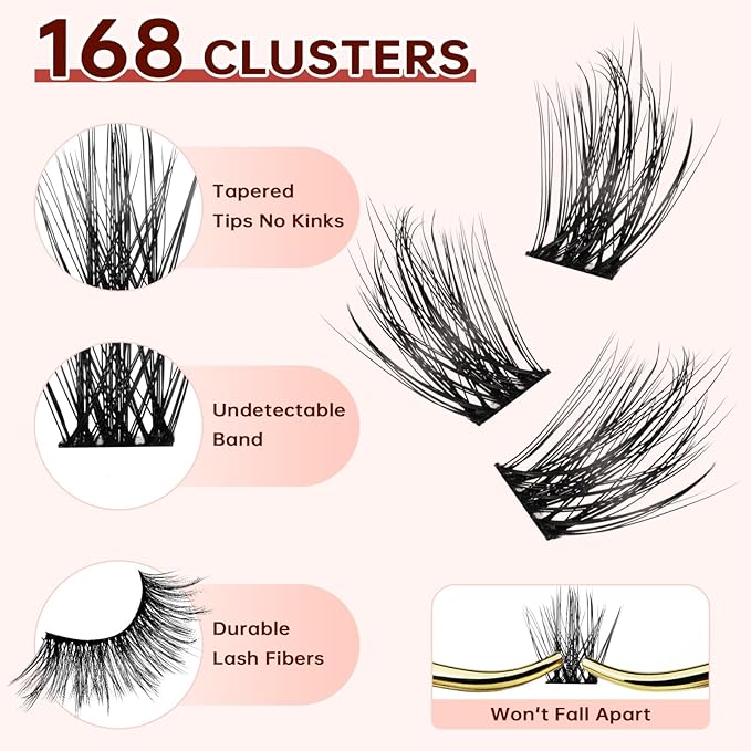 JOLIETIFY Lash Extension Kit, Natural Style, Spiky Wispy Faux Mink 8-16mm Clusters, Medium Glam Look, Soft & Fluffy, Individual Lashes with Waterproof Bond & Seal, Tweezers & Remover, Easy to Apply