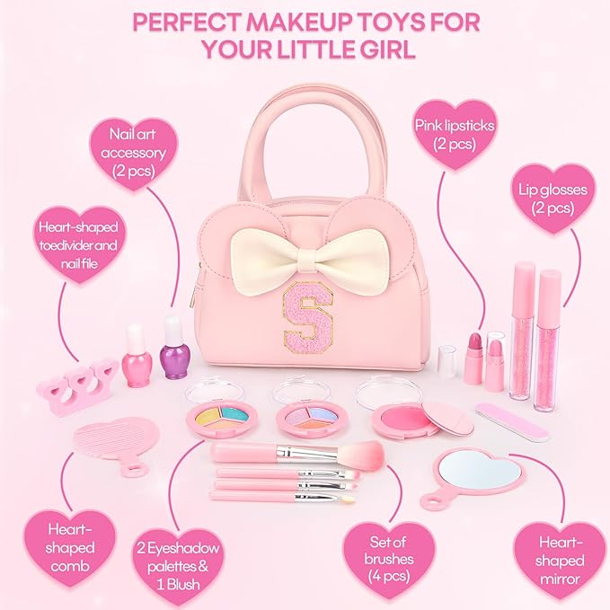 Kids Real Makeup Kit for Girls - 18Pcs Non-Toxic Washable Make Up Toys with Initial Toddler Purse - Personalized Birthday Gifts for Age 3 4 5 6 7 8 9 10 Years Old Girls Vanity Set - S