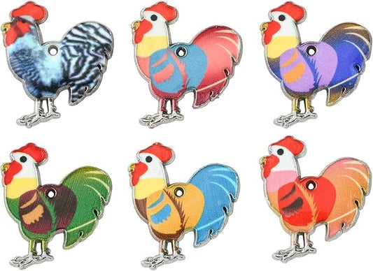 Stiesy 30 Pcs 6 Colors Enamel Cute Farm Animal Pendant Charm Colorful Printed Rooster Cock Dangle Charms Bulk for Jewelry Making DIY Necklace Bracelet Crafting