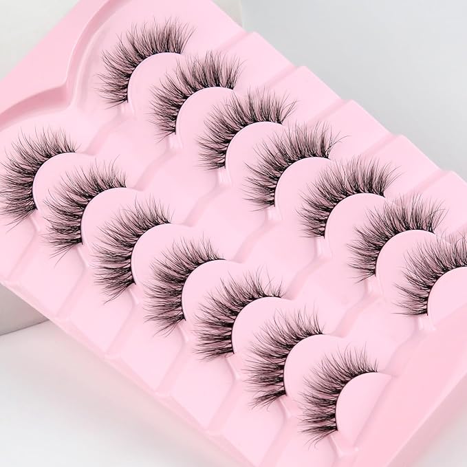 Natural Cat Eye Lashes Wispy Eyelashes 14mm Lightweight False Eyelashes 3D Volume Natural Lashes 0.1mm Thin Cotton Band Lash Strips Pack C Curl Soft Eyelash 7 Pairs Siligli