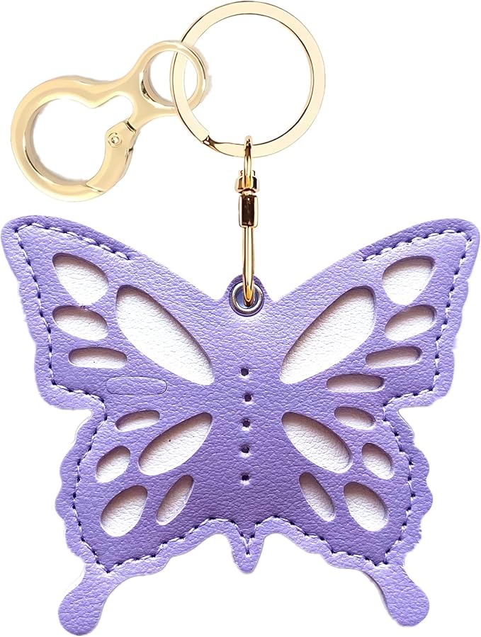Leather Keychain Holder Case Compatible with AirTag,Cute Protective Apple Air Tag Cover with Keychain Ring,Anti-Scratch Finder GPS Tracker Case for Wallet Keys,Bag,Pets(Purple Butterfly)