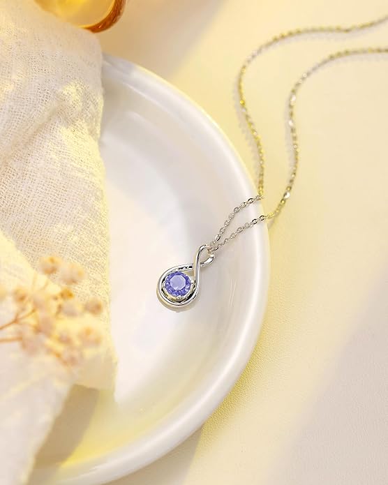 FANCIME 14K Solid Gold Birthstone Pendant with Sterling Silver Chain Infinity Gemstone Necklace Fine Jewelry Anniversary Birthday Christmas Gifts for Women Wife Her