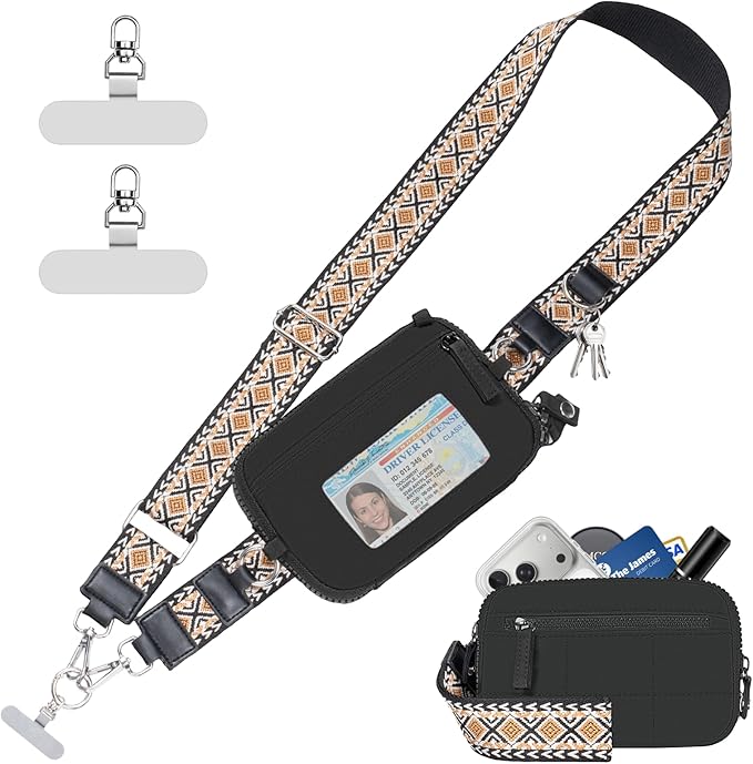 Clip and Go Strap for Phone with Wallet Crossbody Phone Lanyard with Anti-Theft Zipper Pouch Detachable Quilted Wrist Wallet with RFID and ID Window for Daily Travel. Black Large