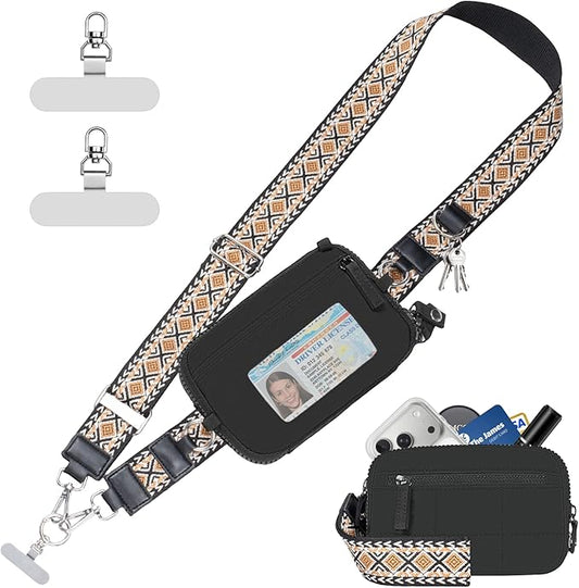 Clip and Go Strap for Phone with Wallet Crossbody Phone Lanyard with Anti-Theft Zipper Pouch Detachable Quilted Wrist Wallet with RFID and ID Window for Daily Travel. Black Large