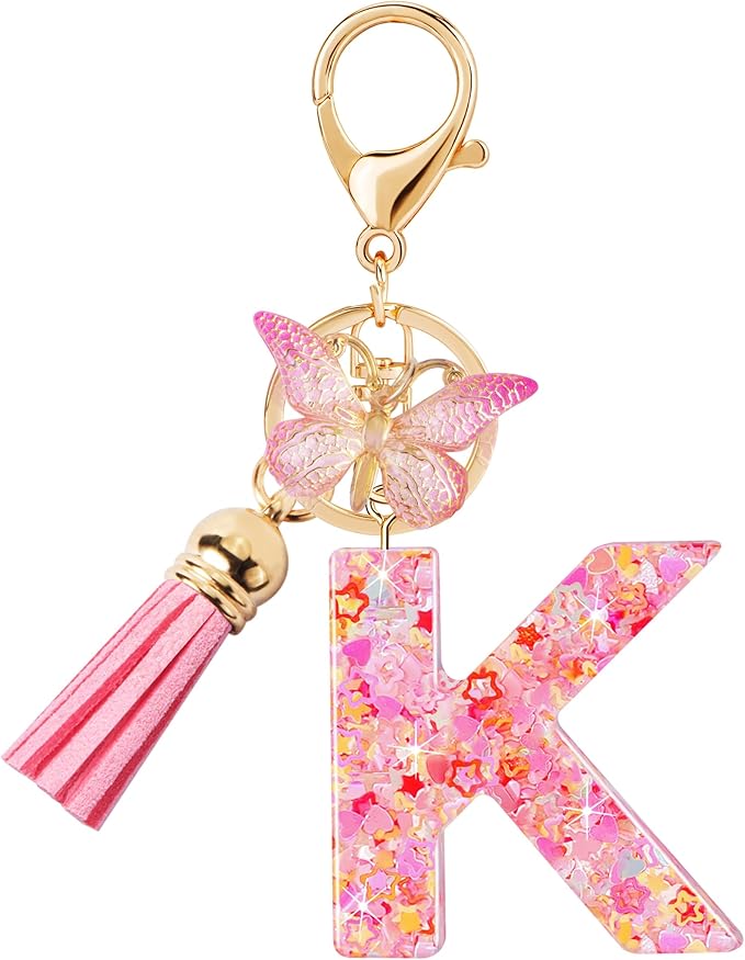 Initial letter Keychains for Women Girls Tassel Butterfly Cute Keychain for Wallet Backpack charm