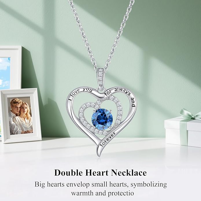 S925 Sterling Silver Necklace for Women, Valentines Day Gifts for Her, Love Heart Birthstone Necklaces for Women, Wife Jewelry, Mom Birthday Valentines Mothers Day Gifts, Girlfriend Necklaces, Daughter Heart Jewel, Anniversary for Her