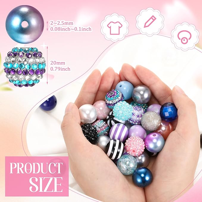 100 Pcs 20mm Rhinestone Bubblegum Beads for Pens Mixed Crystal Resin Chunky Beads for DIY Craft Keychain Necklace Bracelet Jewelry Making(Mermaid Color)