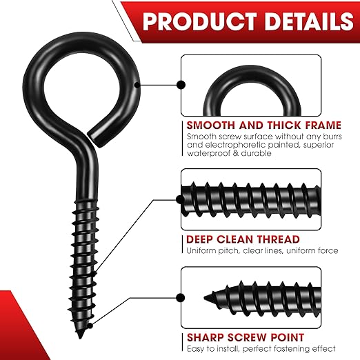 16pcs Screw Eyes, 2.56 Inch Black Eye Hooks Screw Self Tapping Eye, Heavy Duty Eye Bolt for Wood Securing Cables Wire, Hammock Stand, Indoor & Outdoor Use
