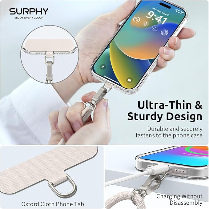 SURPHY Phone Lanyard, Adjustable Phone Strap Crossbody with 2 Pack Cell Phone Tether Tab, Premium Metal Buckles, Skin-Friendly, Universal Cell Phone Lanyard Crossbody for Women and Men, Stone